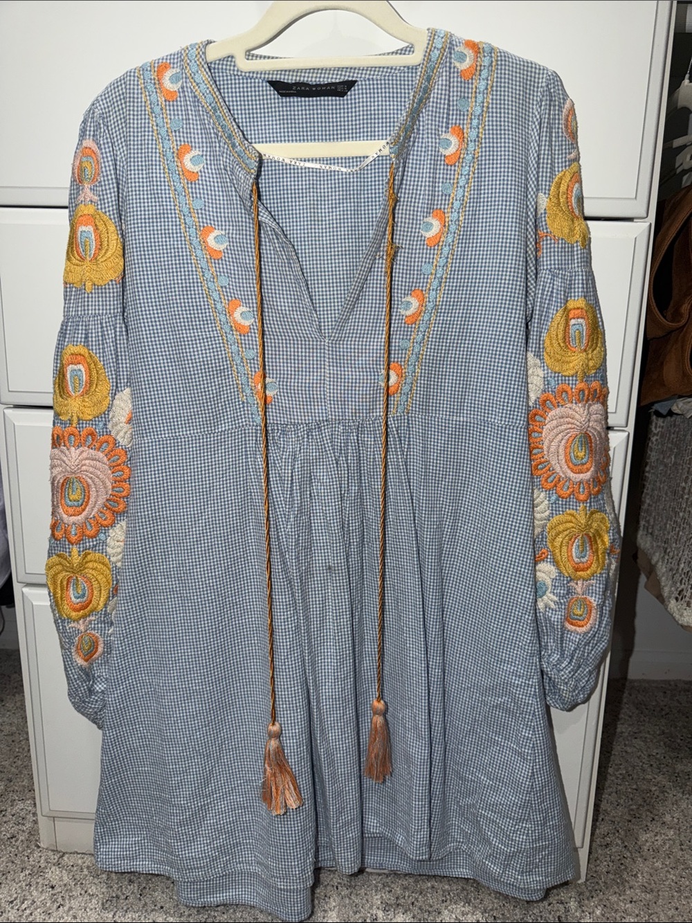 Zara Gingham Embroideredt Dress with Tassel Tie - Blue & Orange